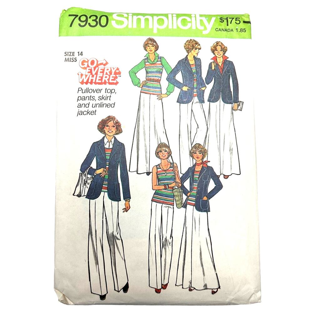Simplicity Vintage 1970's Pattern #7930 Misses Pants/Skirt/Top/ Jacket Size 14‎